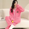 Pijama de Flanela Outono/Inverno 2026 para Mulheres Fofo Espesso Coral Quente Estilo Coreano Conjunto de Roupas para Casa