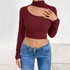 Nueva camiseta de manga larga hueca de cuello medio cruzado para Amazon, top corto ajustado para chicas sexys