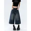 Shorts de Mezclilla Cortos de Pierna Ancha Estilo Vintage Lavado Retro Americano para Mujer, Tendencia de Verano Versátil Estilo Nuevo, Pantalones Rectos de Ocho Puntos
