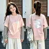 Nova coleção de primavera e outono: Camiseta listrada de manga comprida fofa de desenho animado para meninas, estilo coreano, adequada para crianças de tamanho médio e grande, gola redonda, top básico