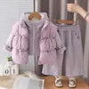 Nuevo conjunto de invierno grueso para niñas, un conjunto de tres piezas de ropa cálida de invierno para bebés y niños pequeños, que incluye un chaleco, una chaqueta de algodón y una prenda exterior, estilo moderno