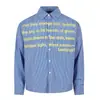 Camisa de manga larga a rayas verticales para hombre, estilo japonés casual holgado con estampado de letras y dobladillo con cordón, camisa de primavera/otoño, ambiente moderno