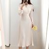 En Stock, Talla Actualizada, Chic Coreano Otoño Temprano Retro Cuello en V Manga Larga Plisado Falda Grande Vestido de Longitud Media
