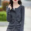 Cardigan de Tricô com Gola Redonda de Temperamento Novo Outono/Inverno Feminino Slim Fino Plissado Moda Roupa Exterior Jaqueta