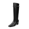 Botas de Cavaleiro em Couro Femininas Botas de Cano Alto Outono e Inverno Novas Couro Genuíno Bico Quadrado Zíper Traseiro Salto Médio Não Acima do Joelho Botas de Cano Alto Femininas