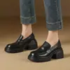 Sapatilhas Femininas Pretas Bico Redondo Boca Profunda, Slip-Ons de Couro Macio com Salto Alto para Primavera e Outono, Plataformas Impermeáveis, Sapatos Pequenos de Couro com Salto Grosso e Solado Grosso Retrô