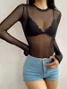 Mono Sexy Calado Transparente de Cuello Redondo Pequeño Ajustado de Manga Larga para Mujer en Otoño con Camiseta Sexy de Malla Ajustada