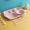 Plato de Cena Infantil Plato Dividido de Paja de Trigo con Tazón Palillos Cuchara Juego de Vajilla Guardería Cantina Plato de Comida Rápida Comercial