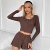 Conjunto de Dos Piezas para Casa de Moda y Cómodo para Mujer Primavera y Verano 2025 con Encaje Empalmado, Cardigan Sexy y Shorts que Revelan la Cintura