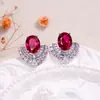 Pendientes de Lujo Ligero Estilo Palacio Retro en Forma de Abanico con Corindón Rojo, Zafiro y Circonita, Pendientes de Diseño de Nicho de Gama Alta para Mujer