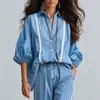 Camisa Blanca de Mujer Otoño 2026 Transfronteriza Azul Lavado Cuello Solapa Mangas de Farol Tres Cuartos Rayas Verticales Suelta Hombros Caídos