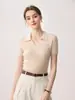 Polo de Manga Curta 100% Caxemira Pura Feminino Slim-Fit Suéter de Tricô Simples Estilo Coreano Camada Base
