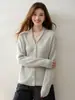 Cardigã de tricô de cashmere moderno estilo francês para mulheres, com design de fio pontilhado, decote V, corte solto, efeito emagrecedor e mangas compridas