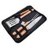 Bolsa de tela Oxford de venta caliente transfronteriza personalizable con mango de madera, juego de 4 herramientas para barbacoa, cuchillo y tenedor de acero inoxidable, set para hornear
