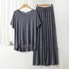 Conjunto de Pijama Casual Duas Peças Feminino de Modal com Gola Redonda e Manga Curta com Calça de Perna Larga Roupas de Casa Tamanho Plus Size Solto