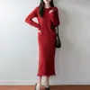 Vestido largo de lana 100% pura con flecos para mujer, nuevo vestido de punto con cuello en V para otoño e invierno, vestido suéter de punto de longitud media por encima de la rodilla, línea A