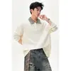 Moda Masculina Nueva Otoño 2026: Camiseta de Manga Larga con Cuello Polo de Corte Holgado con Diseño Falso de Dos Piezas y Cuello de Cuadros en Contraste