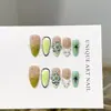 Puntas de uñas hechas a mano de alta calidad con forma de almendra verde, estilo europeo y americano, arte de uñas en relieve 3D pintado a mano, pegatinas para uñas postizas