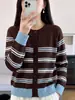 Colección de otoño/invierno para mujer 100% algodón puro transfronteriza: cárdigan de punto grueso a rayas, suéter de cuello redondo holgado para mujer
