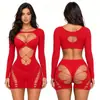 Vestido Sexy Europeu e Americano com Renda Vazada Feminino Preto Transparente Manga Longa Justo no Corpo Lingerie Curta para Boate