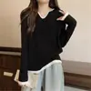 Suéter de Punto con Bloques de Color y Cuello en V de Manga Larga para Mujer, Ropa para Mujer de Tallas Grandes para Primavera y Otoño, Corte Holgado, Adelgazante, Top que Cubre el Vientre, Camiseta Base