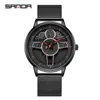 Reloj de cuarzo Sanda New 1110 de malla de cuero con volante para hombre, moderno y elegante.