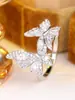 Anel Europeu Duplo Borboleta Zircônia Ouro Branco de Luxo Anel Feminino Cravejado com Diamantes