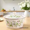 Bacia de banha de esmalte espessa com tampa, recipiente de banha resistente ao calor, tigela de mistura e tigela de massa, esmalte antigo, bacia de pote de remédios nostálgica