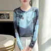 Pintura de Tinta China de Primavera y Otoño Manga Larga/Manga Larga Estampada de Moda Talla Extra Cuello Redondo Malla Transpirable Top Adelgazante para Mujer Corte Regular