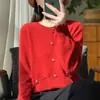 Jaqueta Suéter Slim e Versátil Tricô Outono e Inverno Nova Gola Redonda 100% Lã Cardigan Feminino Estilo Coreano Casual e de Alta Qualidade