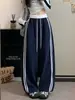 Nuevos pantalones deportivos de pierna ancha curvados de cintura alta para mujer, estilo otoño, con doble raya lateral, bloques de color, pantalones jogger casuales hasta el suelo