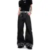 Calça jeans wide leg retro americana com rebites metálicos nos bolsos traseiros, barra dobrada, design estampado, corte solto, perna reta, calça comprida