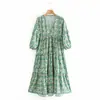 Vestido de verano para mujer estilo europeo y americano 2021, nuevo, con estampado floral de cuello en V, cintura alta 21005