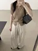 Cárdigan de Punto para Mujer con Cuello de Solapa de Malla de Puntos y Rayas Verticales Huecas de Manga Corta 26 Otoño Nueva Llegada Top Holgado Versátil Camiseta