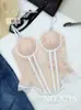 Camisola de renda estilo francês com barbatanas para mulheres, acinturada, modeladora, com babados, sem alças, com fecho nas costas