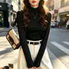 Blusa térmica feminina de outono e inverno, novo estilo, manga longa, com gola alta pequena, elegante e quente, com acabamento escovado, gola semi-alta, camada interna que afina