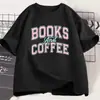 Camiseta Retrô Casual de Manga Curta Livros e Café para Homens e Mulheres Presente para Amante de Livros e Café Top de Manga Curta Dia