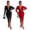 C7118 Cross-border AliExpress Amazon Moda Europeia e Americana Feminina Slim V-neck Split Vestido de Cor Sólida Novo