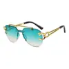 Nuevas Gafas de Sol con Cabeza de Leopardo para Mujer, Modernas Gafas de Sol Europeas y Americanas Transfronterizas para Hombre, Sin Montura, Corte de Borde, Una Pieza, Doble Puente, Espejo de Sapo