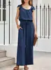 Mono de Comercio Transfronterizo Primavera/Verano 2026 Estilo Europeo y Americano con Cuello Cuadrado Plisado y Bolsillos Mono sin Mangas de Color Sólido con Mangas de Volantes para Mujer