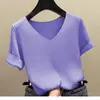 Seda de Hielo 2024 Primavera y Verano Nuevo Tejido de Punto para Mujer Estilo Coreano Ajustado Básico Color Sólido Cuello en V Manga Corta Camiseta Top para Mujer Tendencia