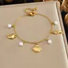Pulsera de Perla de Vieira Caballo de Mar Acero Inoxidable Chapado en Oro Estilo Marino Moda de Vacaciones Transfronteriza Playa Joyería de Mano para Mujer