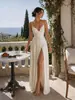Novo vestido de cetim estilo francês europeu e americano para mulheres em 2026, com decote em V, fenda alta e design longo, perfeito para eventos noturnos elegantes e ocasiões formais