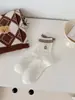 Meias Bordadas de Ursinho Polca Ponto Pequeno Floral Meia de Cano Médio Feminina Cor Café Estilo Ballet Meias Delicadas Algodão