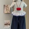 Traje de Verano para Niñas de Jeans con Mangas Cortas, Nuevo Estilo Camiseta de Cuadros con Encaje Piernas Anchas