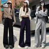 Toma real de pantalones grises de pierna ancha de doble cintura estilo americano de la Serie Gris para mujer 2026, deportivos holgados casuales de cintura alta, rectos y fluidos