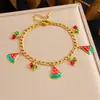 Pulseira Colorida Versátil Estilo Pastoral Transfronteiriço da Moda, Pingente de Cereja e Morango, Aço Inoxidável Banhado a Ouro, Cor Duradoura, Pulseira de Luxo Leve