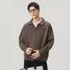Suéter casual de tricô pesado estilo americano para homens, camisa polo outonal folgada de manga longa, top versátil estilo americano com gola dobrável