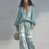 Conjunto de Moda Transfronteriza Europeo y Americano de Verano 2026 Conjunto de Dos Piezas Casual Elegante con Estampado, Cuello en V y Pantalones de Pierna Ancha
