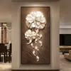 Pintura decorativa moderna de luxo leve para sala de estar com um toque de alta qualidade, adequada para o hall de entrada ou corredor, apresentando um mural floral de nove peixes